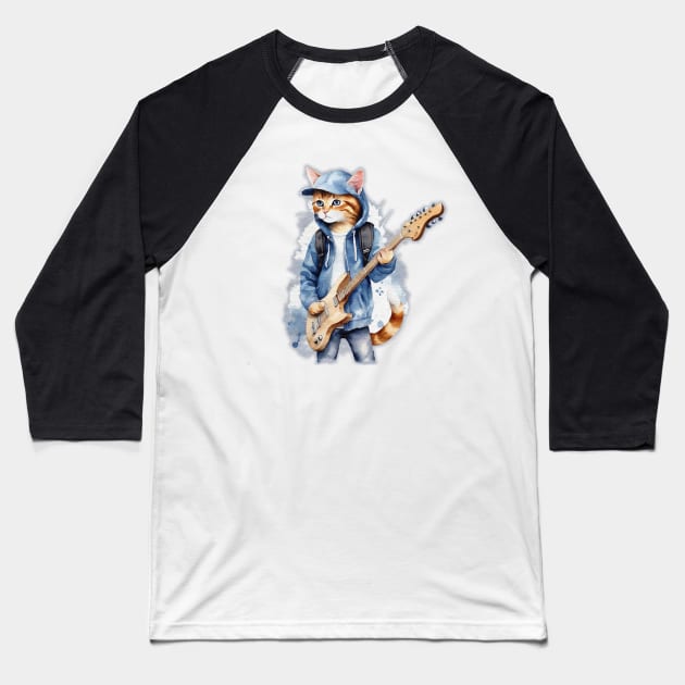 Cute streat cat wearing a hoodie with cap playing guitar watercolor splash Baseball T-Shirt by JnS Merch Store